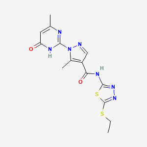 molecular formula C14H15N7O2S2 B2830273 N-(5-(ethylthio)-1,3,4-thiadiazol-2-yl)-5-methyl-1-(4-methyl-6-oxo-1,6-dihydropyrimidin-2-yl)-1H-pyrazole-4-carboxamide CAS No. 1171383-25-7