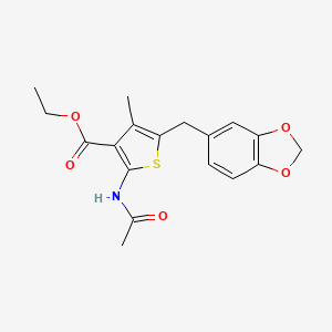molecular formula C18H19NO5S B2830281 Ethyl 2-acetamido-5-(benzo[d][1,3]dioxol-5-ylmethyl)-4-methylthiophene-3-carboxylate CAS No. 377764-57-3
