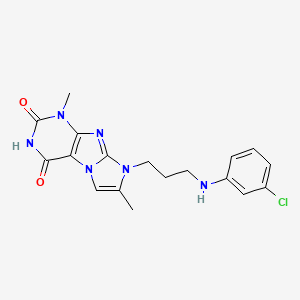 molecular formula C18H19ClN6O2 B2830290 8-(3-((3-chlorophenyl)amino)propyl)-1,7-dimethyl-1H-imidazo[2,1-f]purine-2,4(3H,8H)-dione CAS No. 923152-45-8