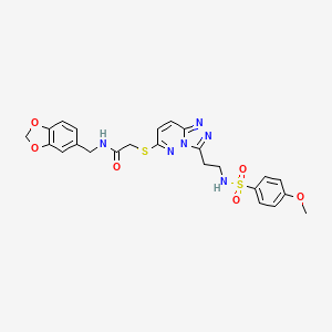 molecular formula C24H24N6O6S2 B2830308 N-(1,3-benzodioxol-5-ylmethyl)-2-{[3-(2-{[(4-methoxyphenyl)sulfonyl]amino}ethyl)[1,2,4]triazolo[4,3-b]pyridazin-6-yl]thio}acetamide CAS No. 873001-99-1