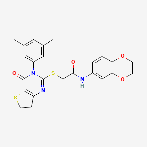 molecular formula C24H23N3O4S2 B2830342 N-(2,3-dihydrobenzo[b][1,4]dioxin-6-yl)-2-((3-(3,5-dimethylphenyl)-4-oxo-3,4,6,7-tetrahydrothieno[3,2-d]pyrimidin-2-yl)thio)acetamide CAS No. 877653-64-0