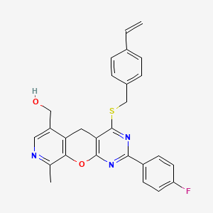 molecular formula C27H22FN3O2S B2830373 {2-(4-氟苯基)-9-甲基-4-[(4-乙烯基苯基)硫基]-5H-吡啶并[4',3':5,6]吡喃[2,3-d]嘧啶-6-基}甲醇 CAS No. 892418-09-6