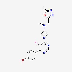 molecular formula C19H21FN6O2 B2830374 1-[5-Fluoro-6-(4-methoxyphenyl)pyrimidin-4-yl]-N-methyl-N-[(5-methyl-1,3,4-oxadiazol-2-yl)methyl]azetidin-3-amine CAS No. 2380187-26-6