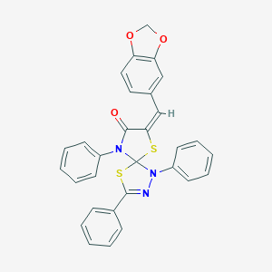 molecular formula C30H21N3O3S2 B283054 7-(1,3-Benzodioxol-5-ylmethylene)-1,3,9-triphenyl-4,6-dithia-1,2,9-triazaspiro[4.4]non-2-en-8-one 