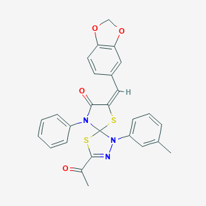 molecular formula C27H21N3O4S2 B283055 3-Acetyl-7-(1,3-benzodioxol-5-ylmethylene)-1-(3-methylphenyl)-9-phenyl-4,6-dithia-1,2,9-triazaspiro[4.4]non-2-en-8-one 