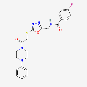 molecular formula C22H22FN5O3S B2830555 4-fluoro-N-((5-((2-oxo-2-(4-phenylpiperazin-1-yl)ethyl)thio)-1,3,4-oxadiazol-2-yl)methyl)benzamide CAS No. 872613-93-9