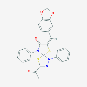 molecular formula C26H19N3O4S2 B283056 3-Acetyl-7-(1,3-benzodioxol-5-ylmethylene)-1,9-diphenyl-4,6-dithia-1,2,9-triazaspiro[4.4]non-2-en-8-one 