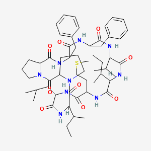 molecular formula C56H83N9O9S B2830566 24,27-Dibenzyl-9,18-di(butan-2-yl)-12-(2-methylpropyl)-15-(2-methylsulfanylethyl)-21-propan-2-yl-1,7,10,13,16,19,22,25,28-nonazatricyclo[28.3.0.03,7]tritriacontane-2,8,11,14,17,20,23,26,29-nonone CAS No. 193139-41-2