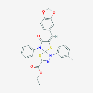 molecular formula C28H23N3O5S2 B283057 Ethyl 7-(1,3-benzodioxol-5-ylmethylene)-1-(3-methylphenyl)-8-oxo-9-phenyl-4,6-dithia-1,2,9-triazaspiro[4.4]non-2-ene-3-carboxylate 