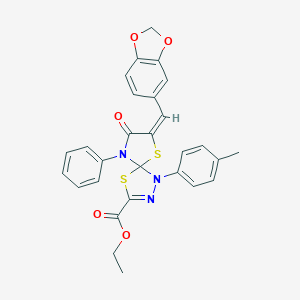 molecular formula C28H23N3O5S2 B283058 Ethyl 7-(1,3-benzodioxol-5-ylmethylene)-1-(4-methylphenyl)-8-oxo-9-phenyl-4,6-dithia-1,2,9-triazaspiro[4.4]non-2-ene-3-carboxylate 