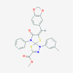 molecular formula C27H21N3O5S2 B283059 Methyl 7-(1,3-benzodioxol-5-ylmethylene)-1-(3-methylphenyl)-8-oxo-9-phenyl-4,6-dithia-1,2,9-triazaspiro[4.4]non-2-ene-3-carboxylate 