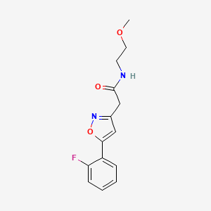 molecular formula C14H15FN2O3 B2830607 2-(5-(2-fluorophenyl)isoxazol-3-yl)-N-(2-methoxyethyl)acetamide CAS No. 1208745-85-0