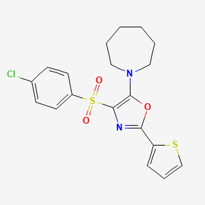 molecular formula C19H19ClN2O3S2 B2830646 5-(Azepan-1-yl)-4-((4-chlorophenyl)sulfonyl)-2-(thiophen-2-yl)oxazole CAS No. 627834-64-4
