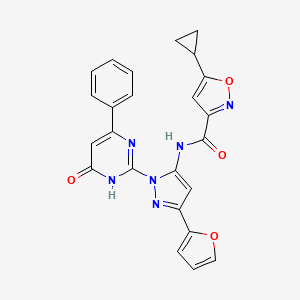molecular formula C24H18N6O4 B2830655 5-cyclopropyl-N-(3-(furan-2-yl)-1-(6-oxo-4-phenyl-1,6-dihydropyrimidin-2-yl)-1H-pyrazol-5-yl)isoxazole-3-carboxamide CAS No. 1207052-85-4