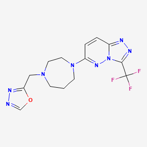 molecular formula C14H15F3N8O B2830690 2-[[4-[3-(Trifluoromethyl)-[1,2,4]triazolo[4,3-b]pyridazin-6-yl]-1,4-diazepan-1-yl]methyl]-1,3,4-oxadiazole CAS No. 2380060-85-3