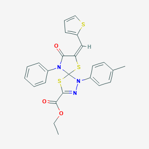 molecular formula C25H21N3O3S3 B283070 Ethyl 1-(4-methylphenyl)-8-oxo-9-phenyl-7-(thien-2-ylmethylene)-4,6-dithia-1,2,9-triazaspiro[4.4]non-2-ene-3-carboxylate 