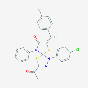 molecular formula C26H20ClN3O2S2 B283075 3-Acetyl-1-(4-chlorophenyl)-7-(4-methylbenzylidene)-9-phenyl-4,6-dithia-1,2,9-triazaspiro[4.4]non-2-en-8-one 