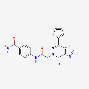 molecular formula C19H15N5O3S2 B2830755 4-(2-(2-methyl-4-oxo-7-(thiophen-2-yl)thiazolo[4,5-d]pyridazin-5(4H)-yl)acetamido)benzamide CAS No. 942004-63-9