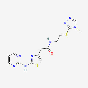 molecular formula C14H16N8OS2 B2830866 N-(2-((4-methyl-4H-1,2,4-triazol-3-yl)thio)ethyl)-2-(2-(pyrimidin-2-ylamino)thiazol-4-yl)acetamide CAS No. 1226458-86-1