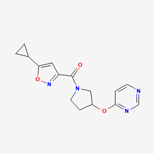 molecular formula C15H16N4O3 B2830923 (5-Cyclopropylisoxazol-3-yl)(3-(pyrimidin-4-yloxy)pyrrolidin-1-yl)methanone CAS No. 2034396-26-2