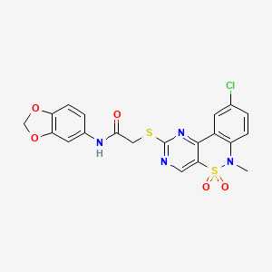 molecular formula C20H15ClN4O5S2 B2830982 N-1,3-benzodioxol-5-yl-2-[(9-chloro-6-methyl-5,5-dioxido-6H-pyrimido[5,4-c][2,1]benzothiazin-2-yl)thio]acetamide CAS No. 1111165-23-1
