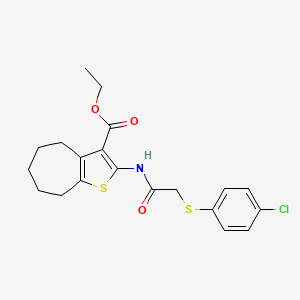 molecular formula C20H22ClNO3S2 B2830996 ethyl 2-(2-((4-chlorophenyl)thio)acetamido)-5,6,7,8-tetrahydro-4H-cyclohepta[b]thiophene-3-carboxylate CAS No. 403843-89-0