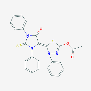 molecular formula C25H18N4O3S2 B283101 5-(5-Oxo-1,3-diphenyl-2-thioxo-4-imidazolidinylidene)-4-phenyl-4,5-dihydro-1,3,4-thiadiazol-2-yl acetate 