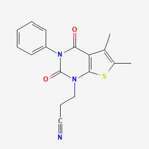 molecular formula C17H15N3O2S B2831015 3-(5,6-dimethyl-2,4-dioxo-3-phenyl-3,4-dihydrothieno[2,3-d]pyrimidin-1(2H)-yl)propanenitrile CAS No. 442556-08-3