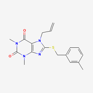molecular formula C18H20N4O2S B2831040 1,3-Dimethyl-8-[(3-methylphenyl)methylsulfanyl]-7-prop-2-enylpurine-2,6-dione CAS No. 333306-71-1