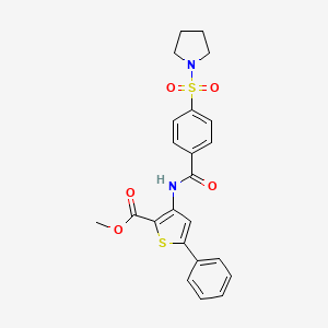 molecular formula C23H22N2O5S2 B2831048 Methyl 5-phenyl-3-[(4-pyrrolidin-1-ylsulfonylbenzoyl)amino]thiophene-2-carboxylate CAS No. 397289-77-9