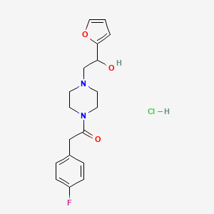 molecular formula C18H22ClFN2O3 B2831084 2-(4-Fluorophenyl)-1-(4-(2-(furan-2-yl)-2-hydroxyethyl)piperazin-1-yl)ethanone hydrochloride CAS No. 1396800-46-6