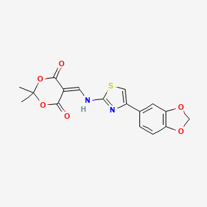 molecular formula C17H14N2O6S B2831087 5-(((4-(Benzo[d][1,3]dioxol-5-yl)thiazol-2-yl)amino)methylene)-2,2-dimethyl-1,3-dioxane-4,6-dione CAS No. 1105242-04-3