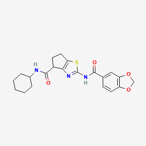 molecular formula C21H23N3O4S B2831098 2-(benzo[d][1,3]dioxole-5-carboxamido)-N-cyclohexyl-5,6-dihydro-4H-cyclopenta[d]thiazole-4-carboxamide CAS No. 955758-94-8