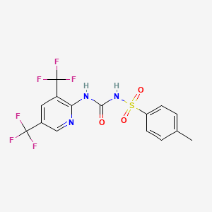 molecular formula C15H11F6N3O3S B2831104 2-[({[(4-Methylphenyl)sulfonyl]amino}carbonyl)amino]-3,5-bis(trifluoromethyl)pyridine CAS No. 866043-24-5