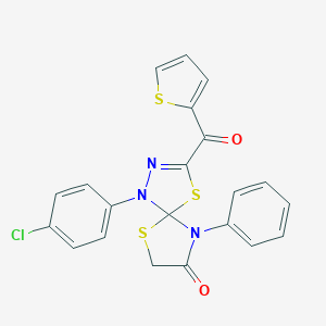 molecular formula C21H14ClN3O2S3 B283111 1-(4-Chlorophenyl)-9-phenyl-3-(2-thienylcarbonyl)-4,6-dithia-1,2,9-triazaspiro[4.4]non-2-en-8-one 