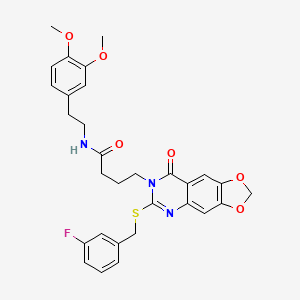 molecular formula C30H30FN3O6S B2831125 N-(3,4-二甲氧基苯乙基)-4-(6-((3-氟苯甲基)硫代)-8-氧代-[1,3]二噁英并[4,5-g]喹唑啉-7(8H)-基)丁酰胺 CAS No. 688060-47-1