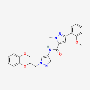 molecular formula C24H23N5O4 B2831185 N-(1-((2,3-dihydrobenzo[b][1,4]dioxin-2-yl)methyl)-1H-pyrazol-4-yl)-3-(2-methoxyphenyl)-1-methyl-1H-pyrazole-5-carboxamide CAS No. 1705707-81-8