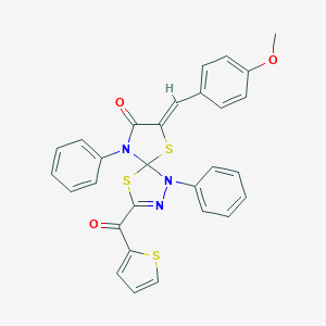 molecular formula C29H21N3O3S3 B283123 7-(4-Methoxybenzylidene)-1,9-diphenyl-3-(2-thienylcarbonyl)-4,6-dithia-1,2,9-triazaspiro[4.4]non-2-en-8-one 