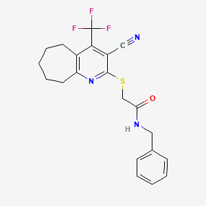 molecular formula C21H20F3N3OS B2831230 N-benzyl-2-{[3-cyano-4-(trifluoromethyl)-6,7,8,9-tetrahydro-5H-cyclohepta[b]pyridin-2-yl]sulfanyl}acetamide CAS No. 626227-49-4