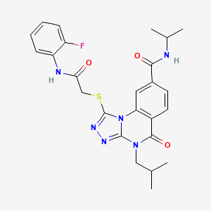 molecular formula C25H27FN6O3S B2831261 1-((2-((2-fluorophenyl)amino)-2-oxoethyl)thio)-4-isobutyl-N-isopropyl-5-oxo-4,5-dihydro-[1,2,4]triazolo[4,3-a]quinazoline-8-carboxamide CAS No. 1111197-35-3
