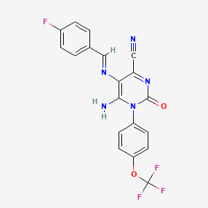 molecular formula C19H11F4N5O2 B2831289 6-Amino-5-[(4-fluorophenyl)methylideneamino]-2-oxo-1-[4-(trifluoromethoxy)phenyl]pyrimidine-4-carbonitrile CAS No. 1274947-86-2