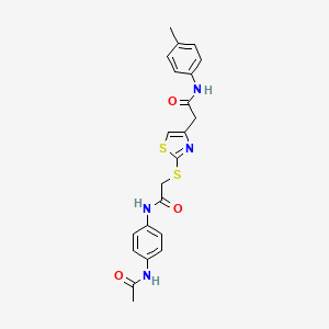 molecular formula C22H22N4O3S2 B2831320 N-(4-acetamidophenyl)-2-((4-(2-oxo-2-(p-tolylamino)ethyl)thiazol-2-yl)thio)acetamide CAS No. 941997-44-0
