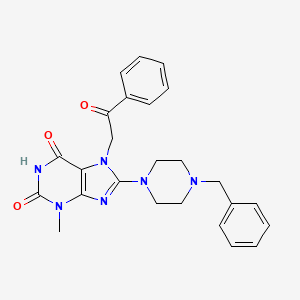 molecular formula C25H26N6O3 B2831341 8-(4-苄基哌嗪-1-基)-3-甲基-7-(2-氧代-2-苯基乙基)-1H-嘌呤-2,6(3H,7H)-二酮 CAS No. 887222-06-2