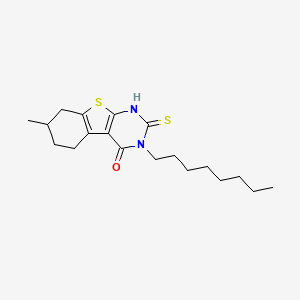molecular formula C19H28N2OS2 B2831353 11-Methyl-4-octyl-5-sulfanyl-8-thia-4,6-diazatricyclo[7.4.0.0^{2,7}]trideca-1(9),2(7),5-trien-3-one CAS No. 519151-95-2