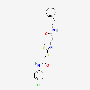 molecular formula C21H24ClN3O2S2 B2831357 N-(4-chlorophenyl)-2-((4-(2-((2-(cyclohex-1-en-1-yl)ethyl)amino)-2-oxoethyl)thiazol-2-yl)thio)acetamide CAS No. 954074-99-8