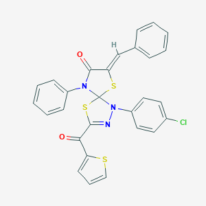 molecular formula C28H18ClN3O2S3 B283143 7-Benzylidene-1-(4-chlorophenyl)-9-phenyl-3-(2-thienylcarbonyl)-4,6-dithia-1,2,9-triazaspiro[4.4]non-2-en-8-one 