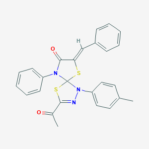 molecular formula C26H21N3O2S2 B283146 3-Acetyl-7-benzylidene-1-(4-methylphenyl)-9-phenyl-4,6-dithia-1,2,9-triazaspiro[4.4]non-2-en-8-one 