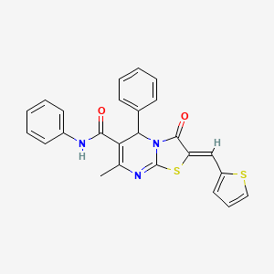 molecular formula C25H19N3O2S2 B2831493 (2Z)-7-methyl-3-oxo-N,5-diphenyl-2-(thiophen-2-ylmethylidene)-5H-[1,3]thiazolo[3,2-a]pyrimidine-6-carboxamide CAS No. 350813-03-5