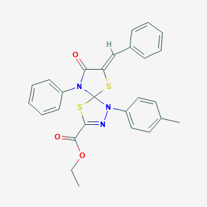 molecular formula C27H23N3O3S2 B283150 Ethyl 7-benzylidene-1-(4-methylphenyl)-8-oxo-9-phenyl-4,6-dithia-1,2,9-triazaspiro[4.4]non-2-ene-3-carboxylate 