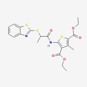 molecular formula C21H22N2O5S3 B2831581 二乙酸5-(2-(苯并[d]噻唑-2-基硫代)丙酰胺基)-3-甲基硫代吲哚-1,3-二甲酸酯 CAS No. 403844-97-3